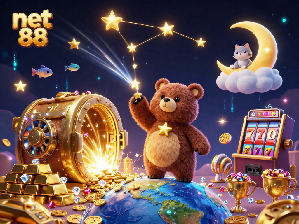 Spin and win with net 88 featuring a vibrant 3D illustration of captivating casino elements.