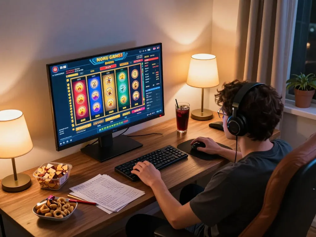 Player spins the reels on a nohu online slot game in a cozy home gaming setup.