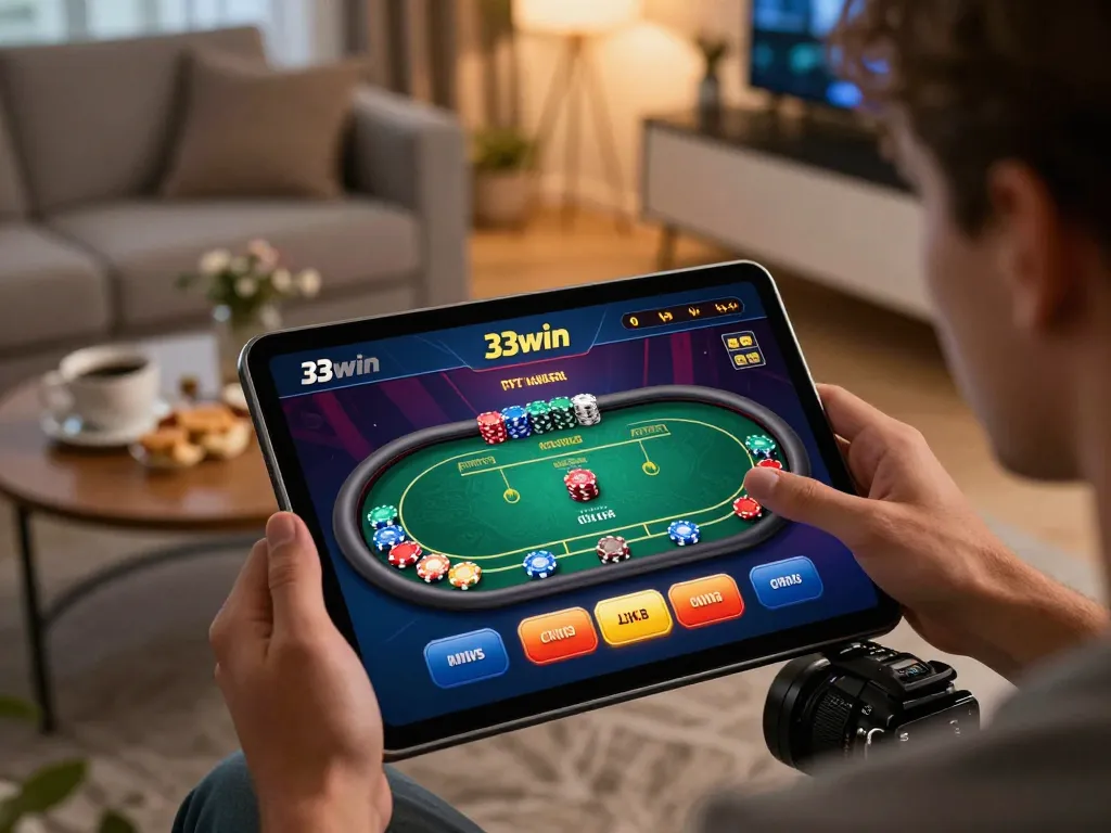 Player engaging with 33win app on tablet, highlighting online casino excitement and home gaming experience.