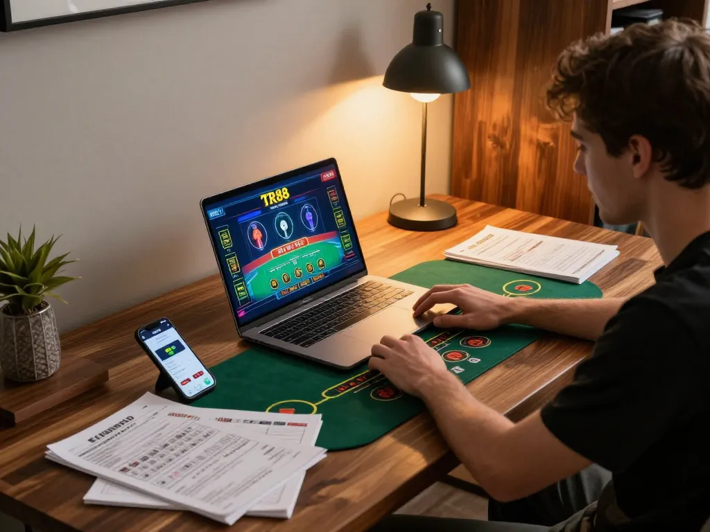 Engaging player at TR88 online casino focusing on live dealer gameplay and strategic betting