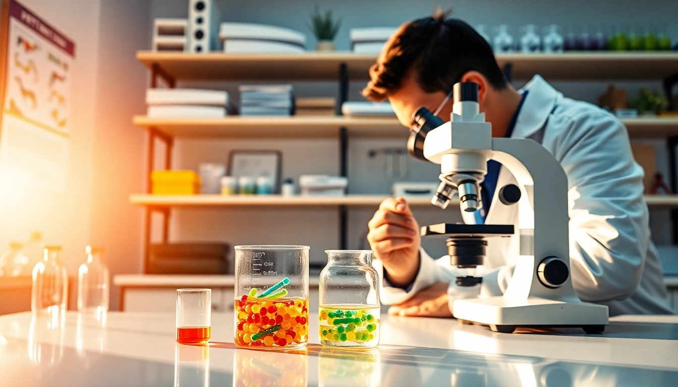 Scientist studying Peptides in a bright laboratory setting with vibrant solutions.