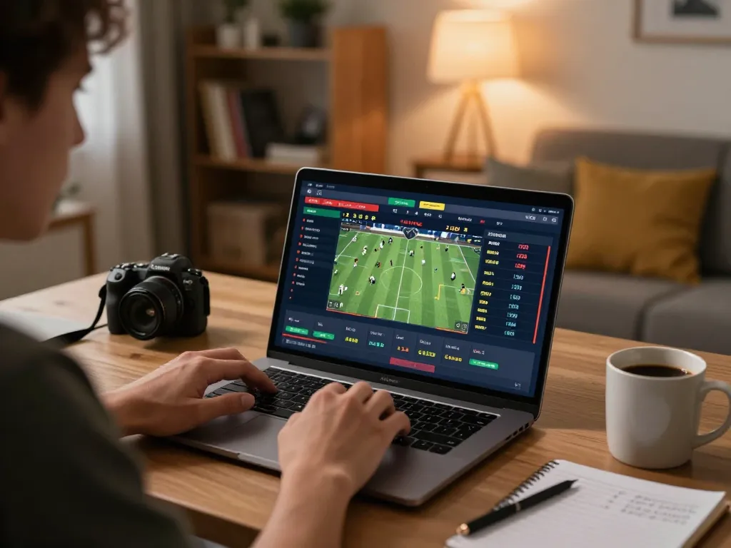 Engaging in trang cá cược bóng đá online, a player analyzes live bets on a laptop amidst cozy home decor.