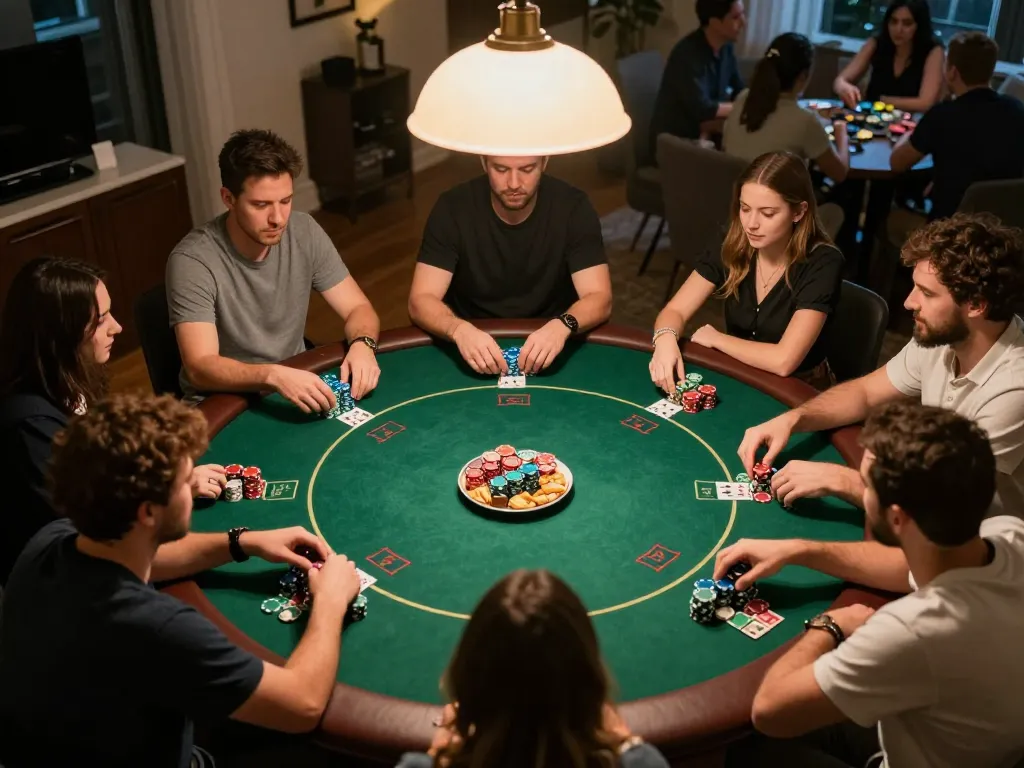 Players enjoying a thrilling poker game at home, showcasing the okking experience with vibrant interactions and strategy.