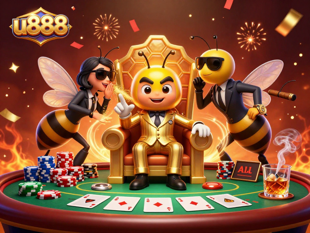 Engage with u888 at a vibrant casino with a bumblebee mob boss and colorful poker elements.