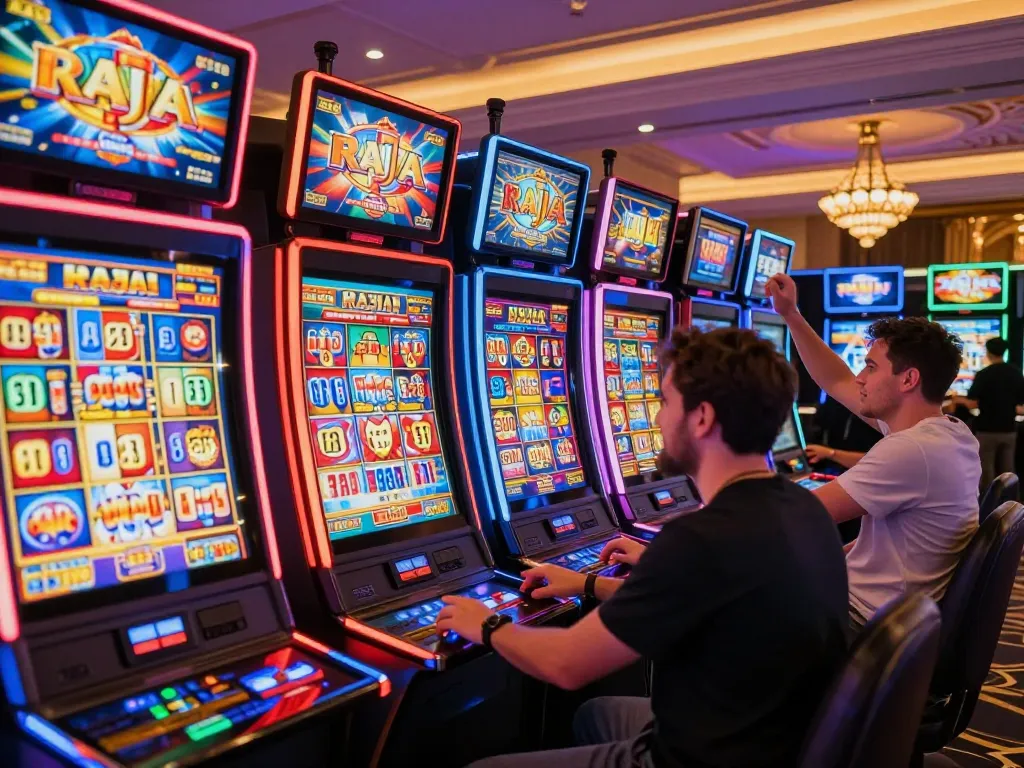 Players enjoying exciting raja slot machines under vibrant casino lights, showcasing thrilling gameplay.
