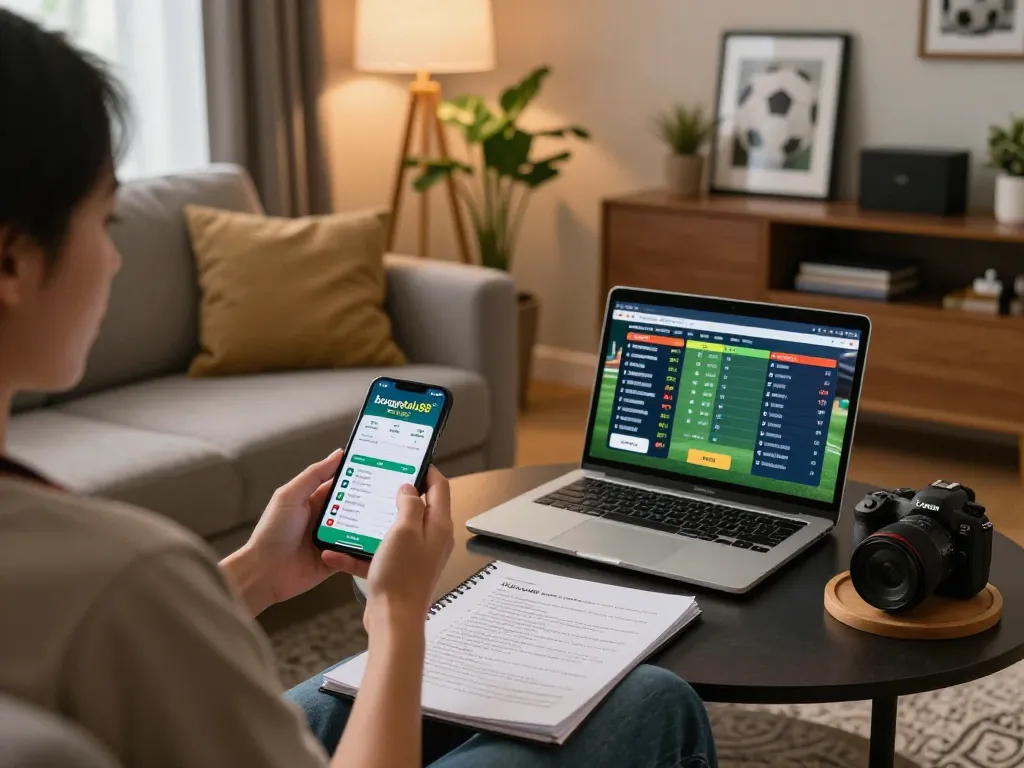 Engaging environment with a person actively using the bongdalu88 app for live sports betting.