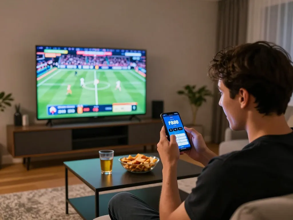 Engaging sports betting session on FB88 app while watching live games at home.
