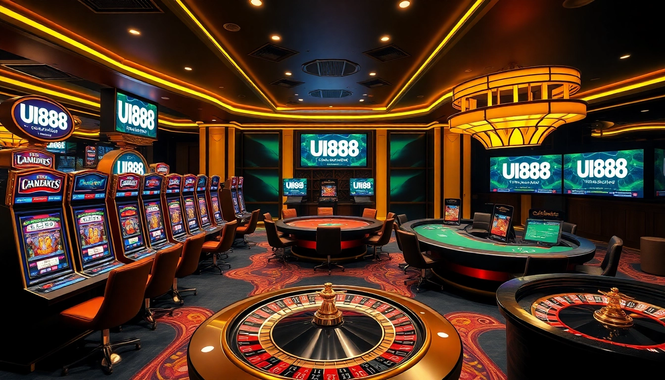 Enjoy an exciting gaming experience at UU88 with vibrant online casino visuals, showcasing tables and slot machines.