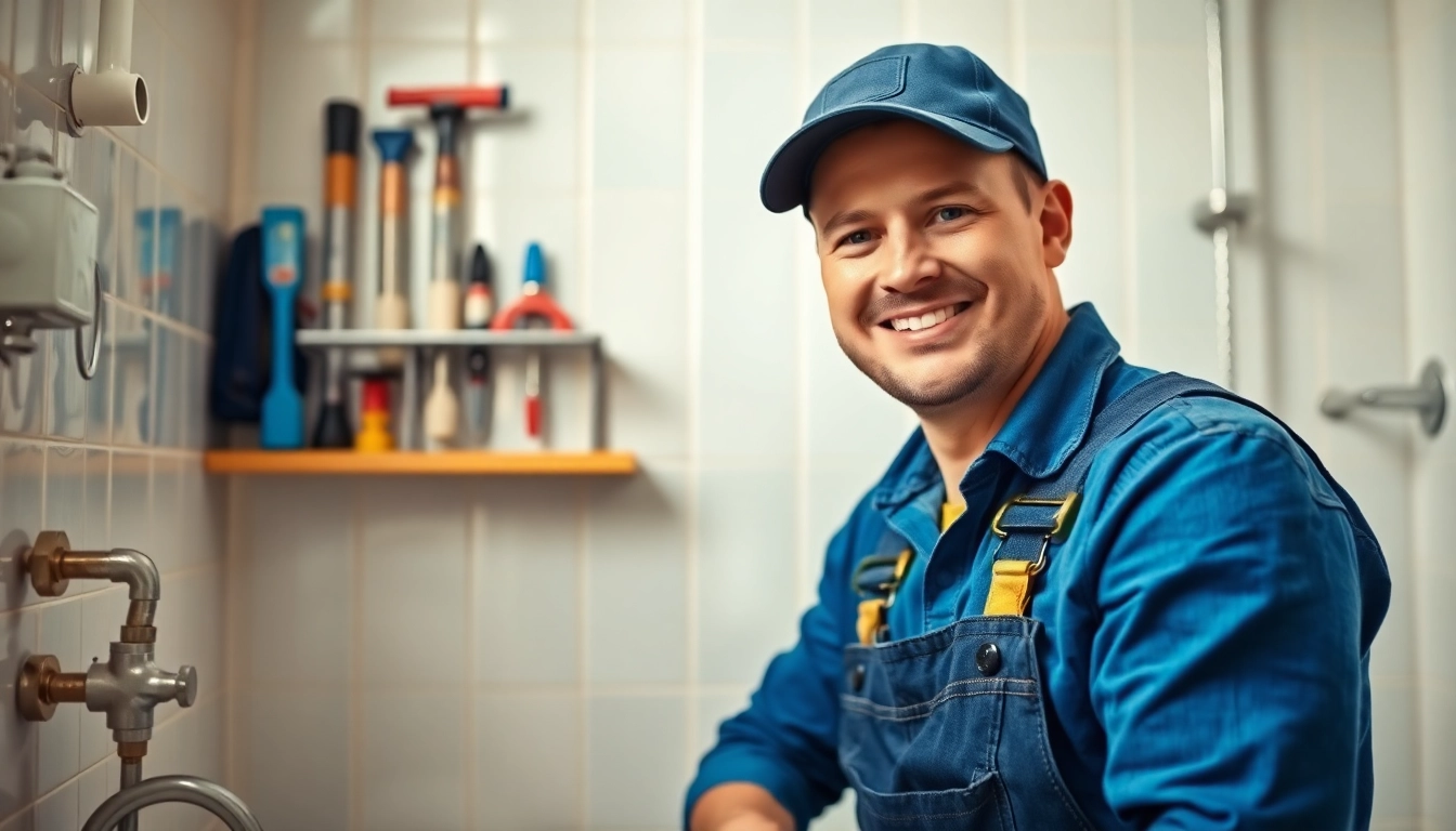 Find a reliable plumber near me assisting with plumbing repairs in a tidy bathroom.