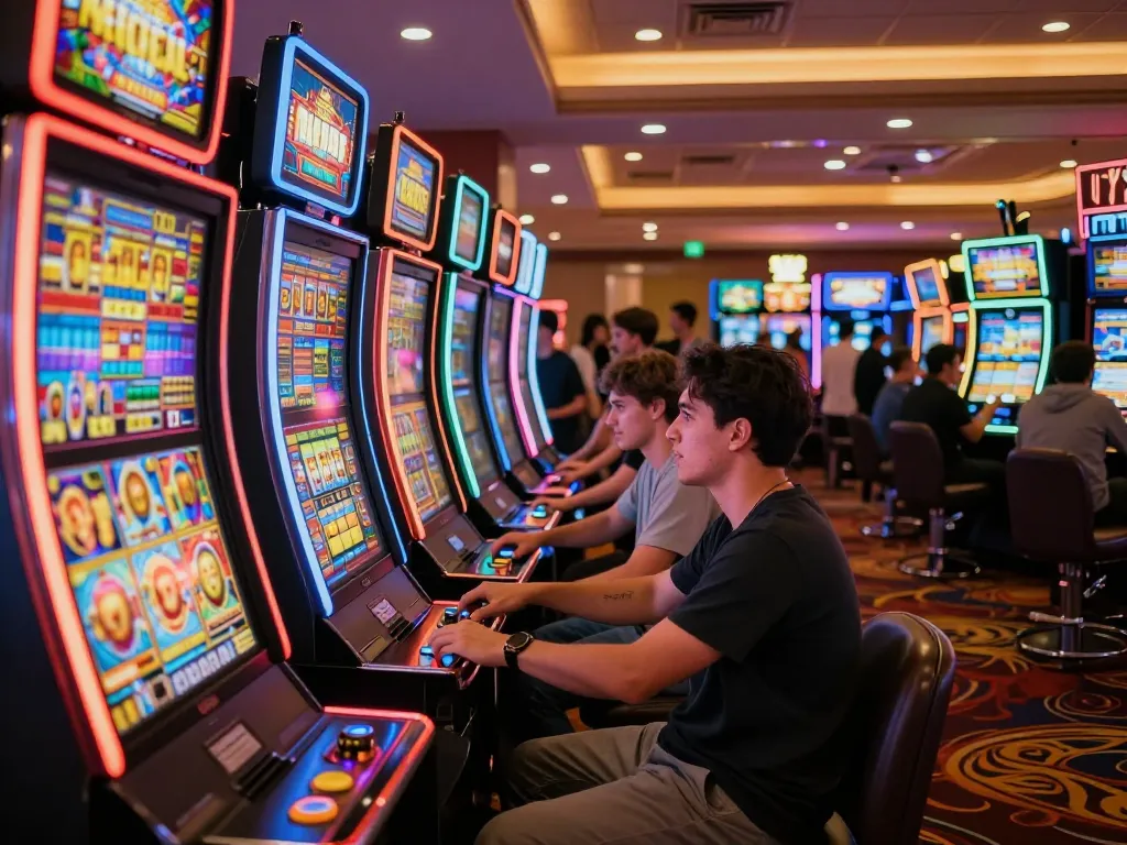Luck8 players engaging with colorful slot machines, enjoying vibrant casino atmosphere with excitement