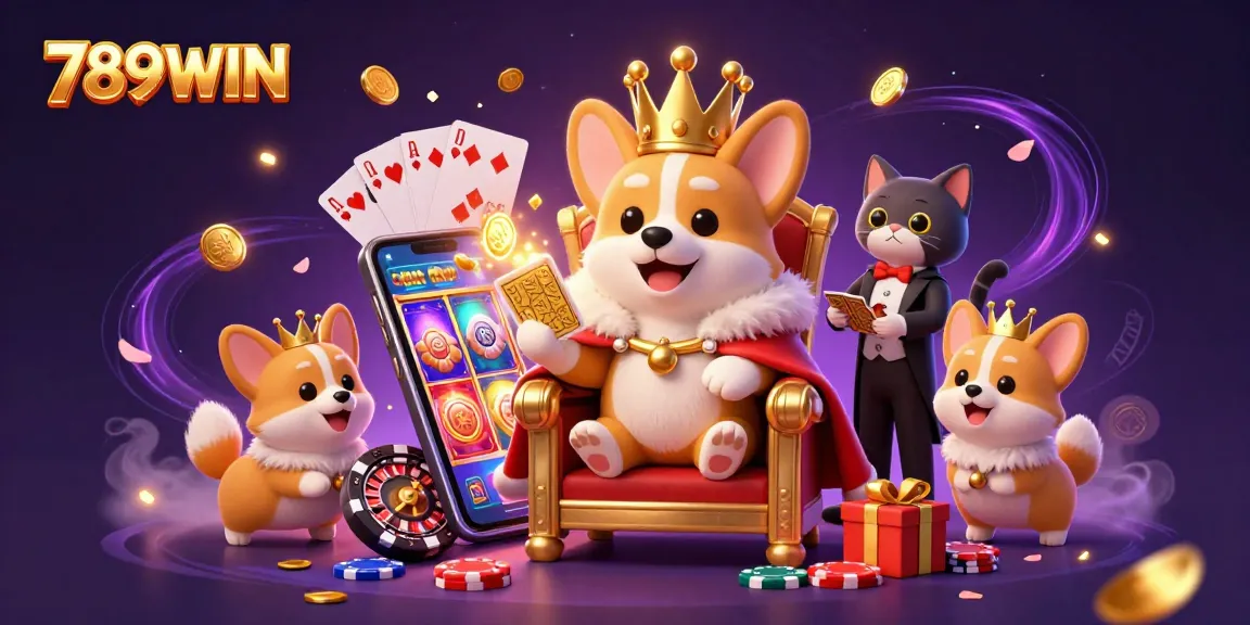 Engage with 789WIN’s thrilling casino experience featuring a royal corgi and vibrant game elements.