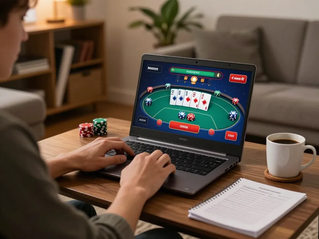 Luck8 player engaging in strategic online poker from a cozy home setting, focusing on gameplay and comfort.