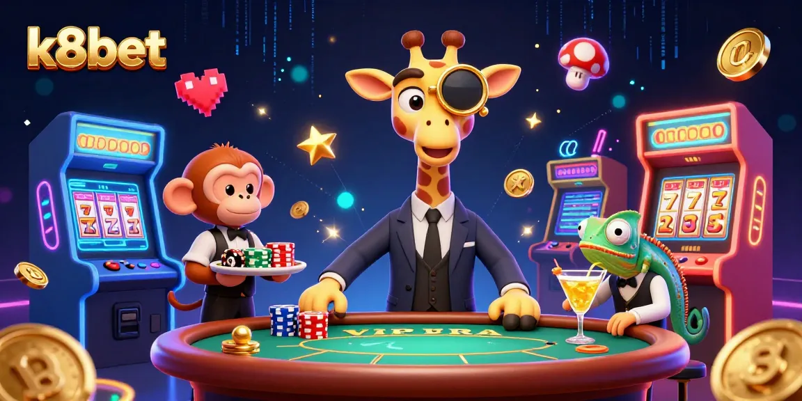 Experience the thrill of k8bet casino games with a vibrant 3D illustration of characters enjoying a VIP poker scene.