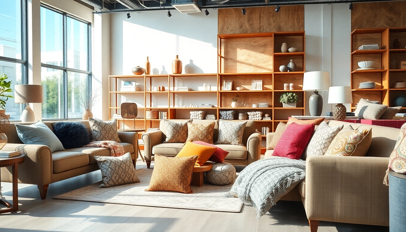 Highlighting a Furniture Accessories Supplier’s range of stylish cushions and decor in a modern showroom setting.