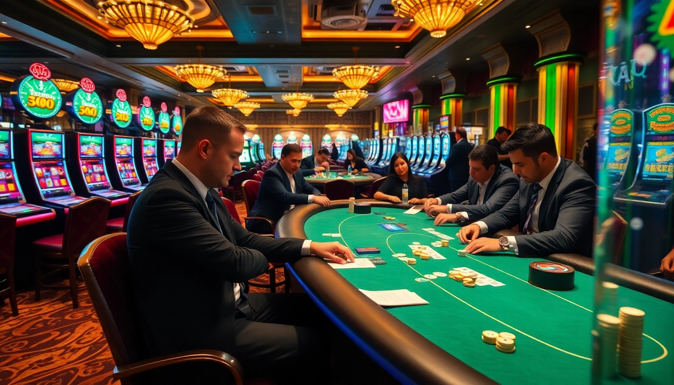 Intense gambling action at HZ88 casino with players focused on poker and slot machines.