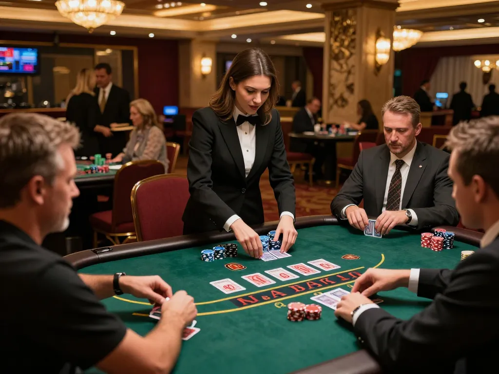 Crown88 players strategizing at a live dealer blackjack table in a vibrant casino.