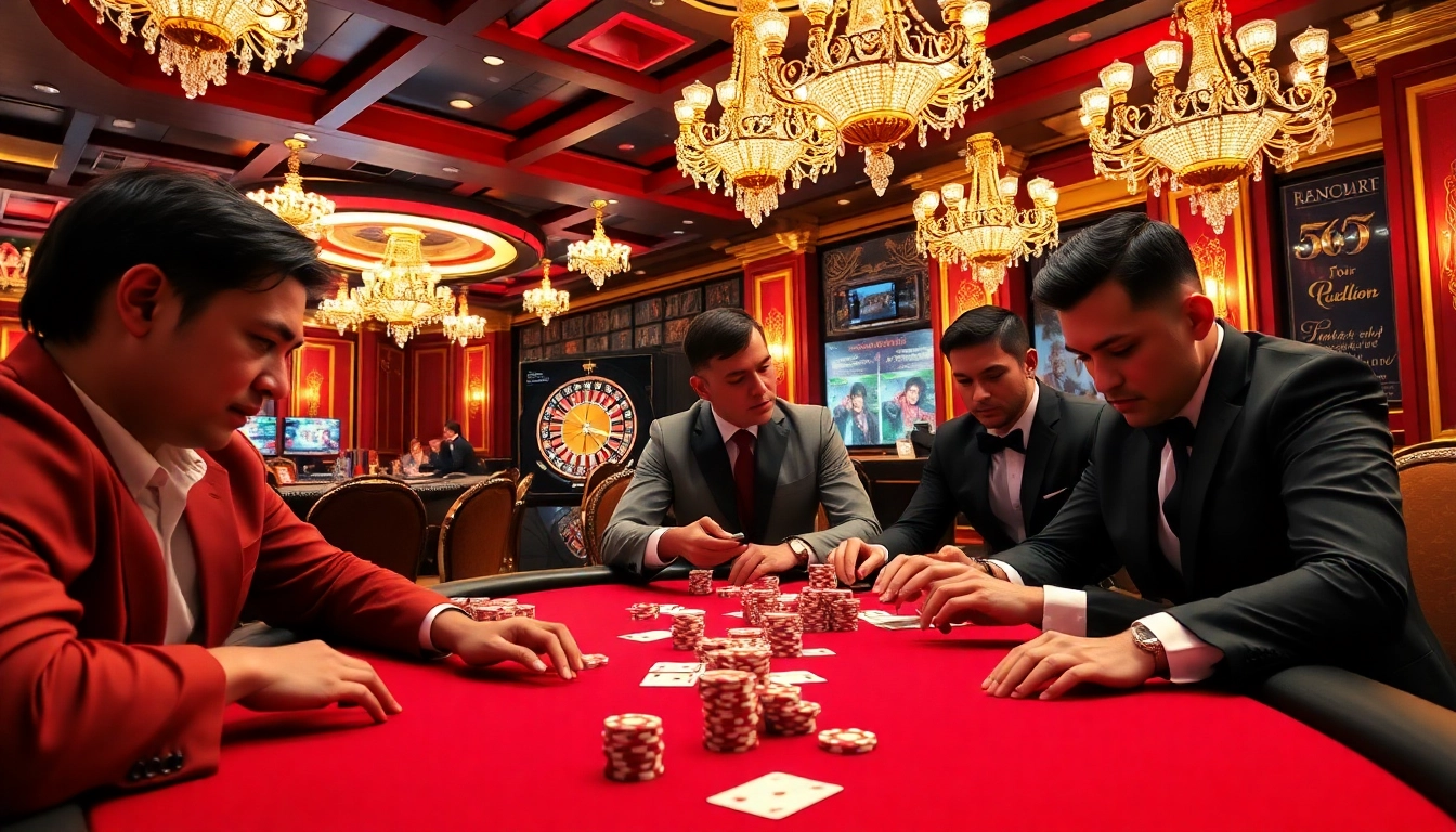 Players engage in an intense poker game at DA88's luxurious casino table, showcasing high stakes and vibrant professionalism.