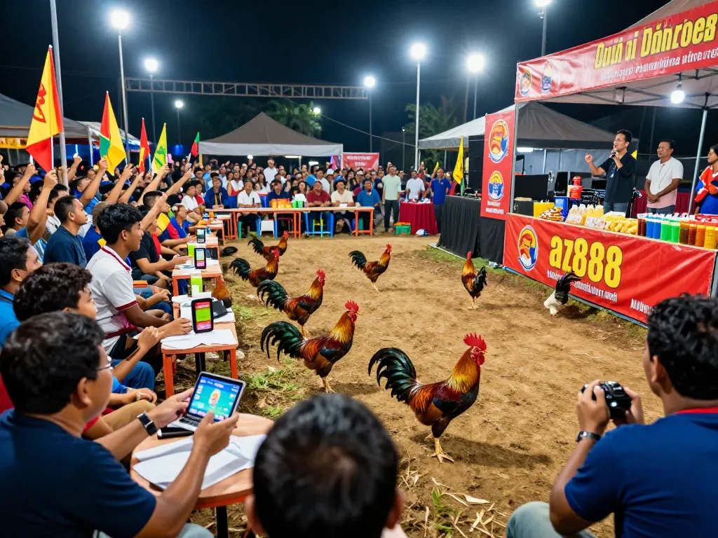 Exciting live cockfighting scene at vua gà az888 event with cheering crowd.