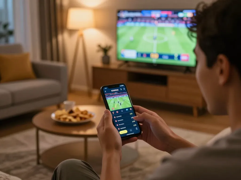 KONG88 sports betting excitement captured with a user engaging with live betting interface in a cozy home setting.