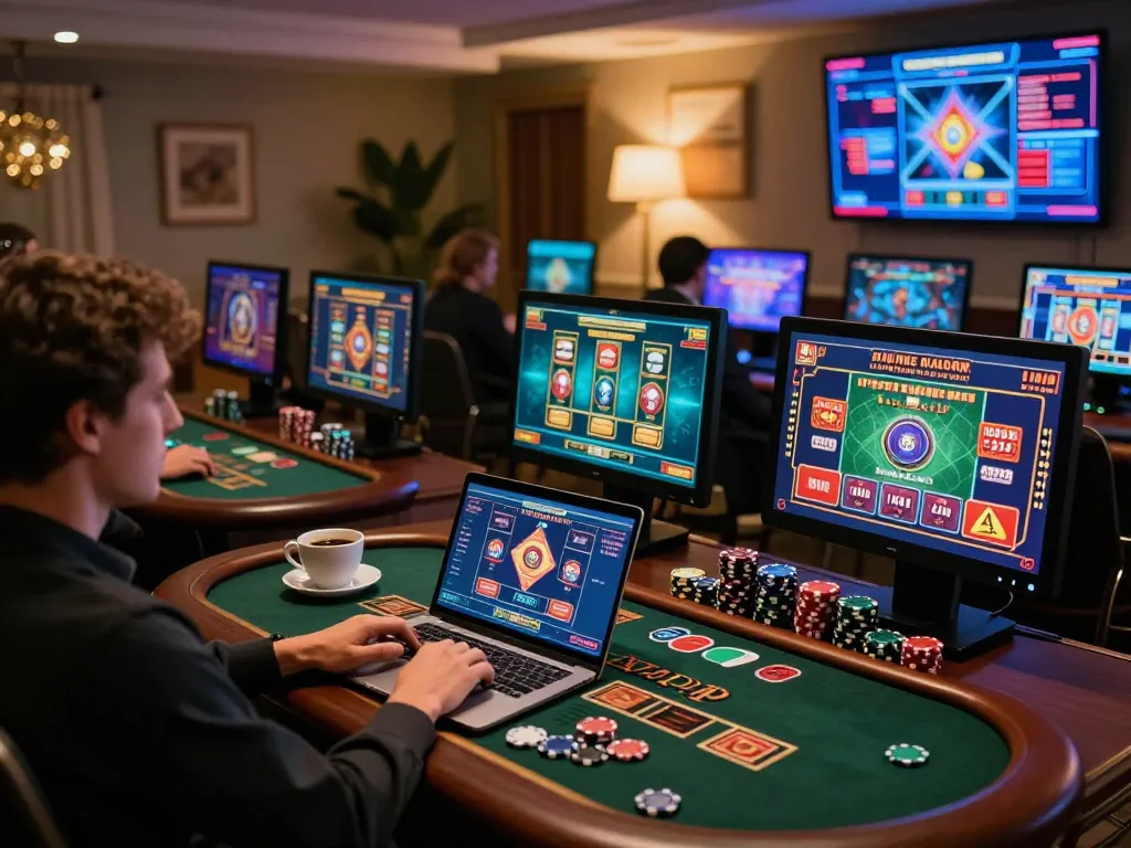 Engaged player enjoying online games at https://gg88live.com/ with cozy home decor and multiple screens.