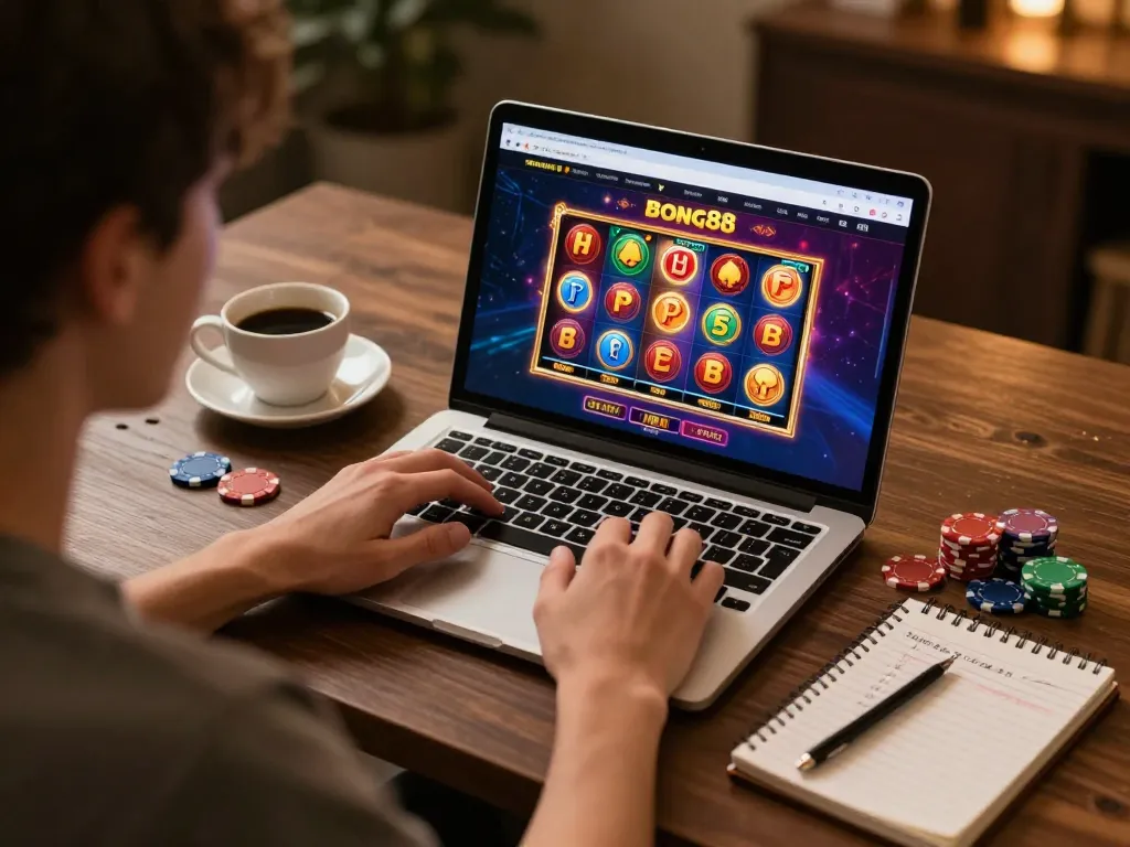 Bong88 player enjoying online slots at home with gaming chips and strategy notes.