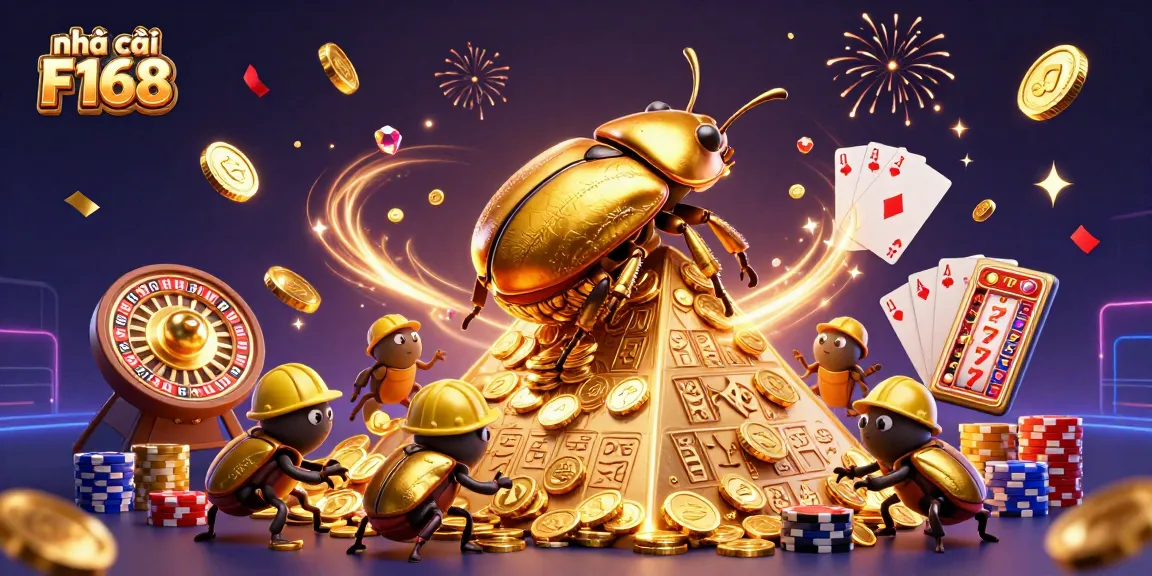 Engage with nhà cái F168’s thrilling casino experience featuring a golden beetle and vibrant gambling elements.