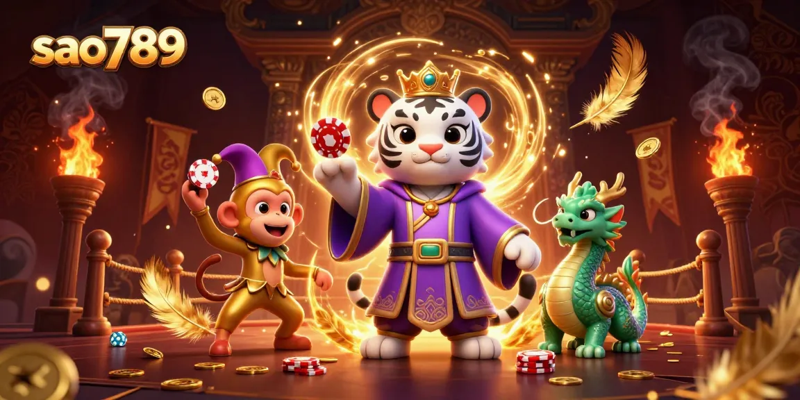 Sao789 invites players to enjoy a vibrant 3D casino scene with a tiger, monkey, and dragon, surrounded by gaming elements.