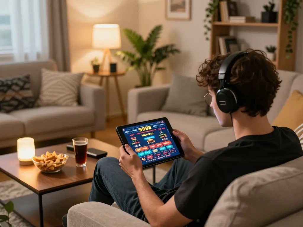 Player engaging with the 999E online casino app while enjoying a cozy home environment.