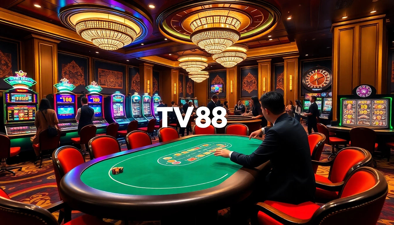 Players enjoying a thrilling poker game at TV88's luxurious casino ambiance.