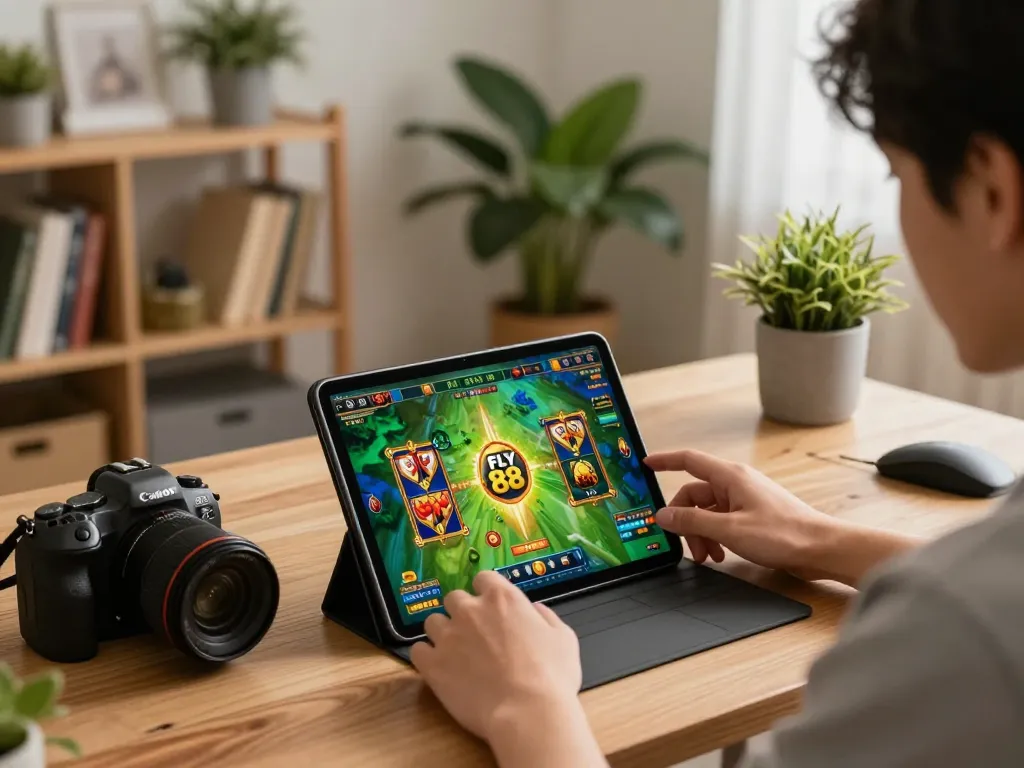 Fly 88 player enjoying a mobile slot game, showcasing a vibrant online gambling experience.