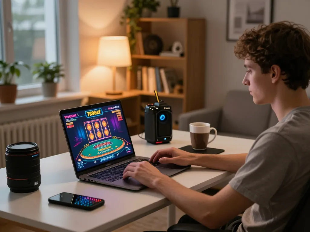Playing thrilling games on 789bet in a cozy home setup, showcasing online casino excitement.