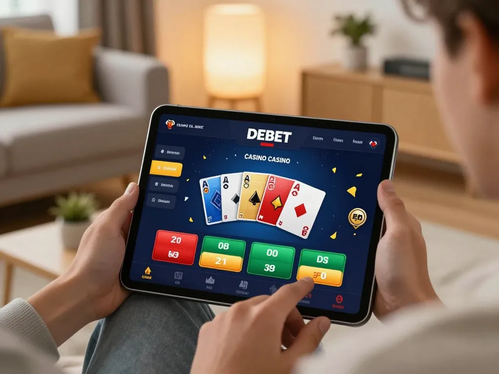 Player using DEBET app for online casino gaming in a comfortable living room environment.