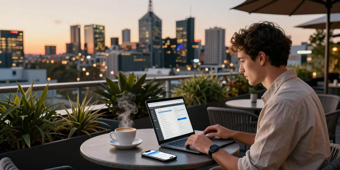 Engaged Airbnb management company Melbourne host reviewing listings with laptop in vibrant city setting.