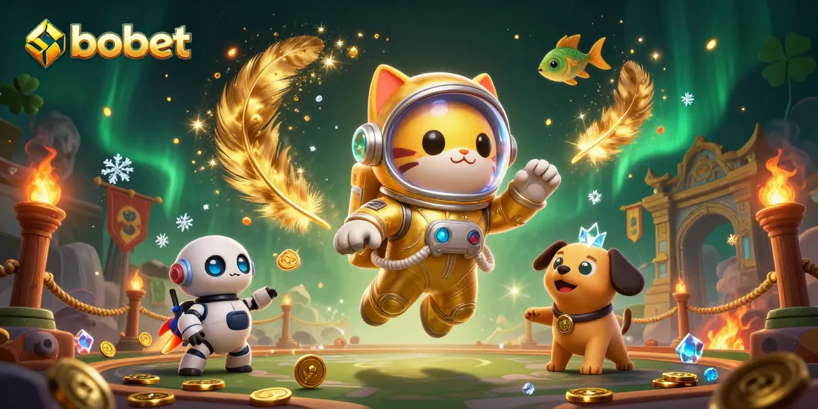 Experience sbobet betting excitement with dynamic 3D illustration of an astronaut cat and robot dog in a cosmic casino scene.