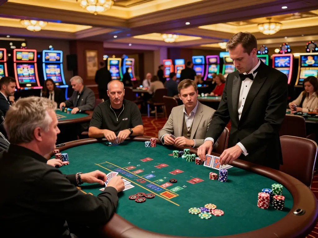 Players at windd blackjack tables experience the thrill of strategic gambling under vibrant casino lights