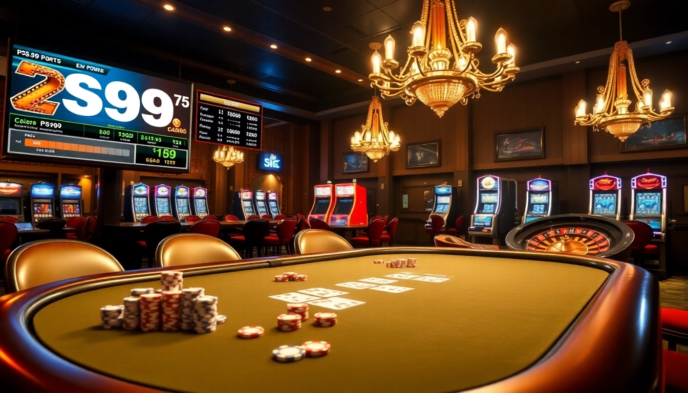 PS99 betting interface showcased at an upscale casino with poker chips and roulette wheel.