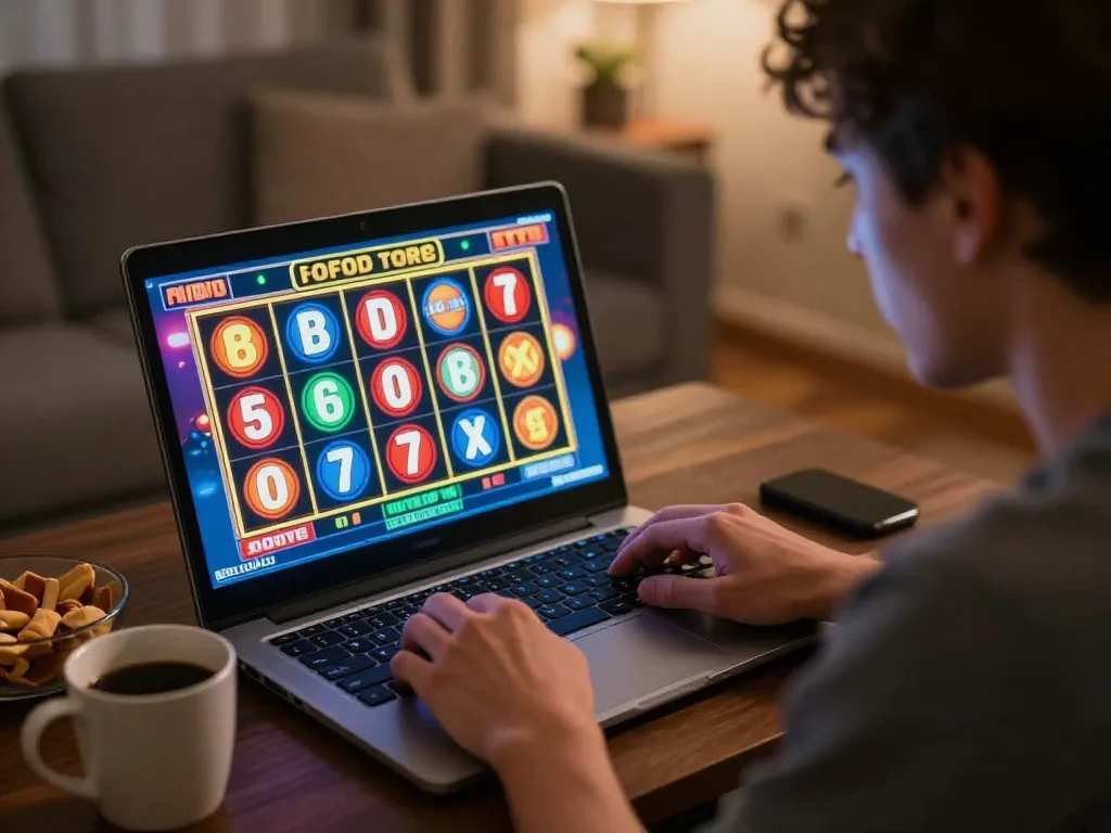 DOLA789 player enjoying slots on a laptop in a cozy home setting with vibrant graphics.