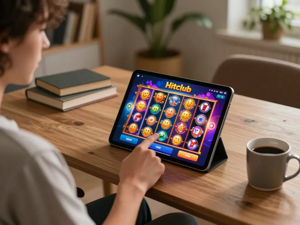 Playing slot games on the Hitclub app from a cozy home setup, engaging with vibrant gaming interface