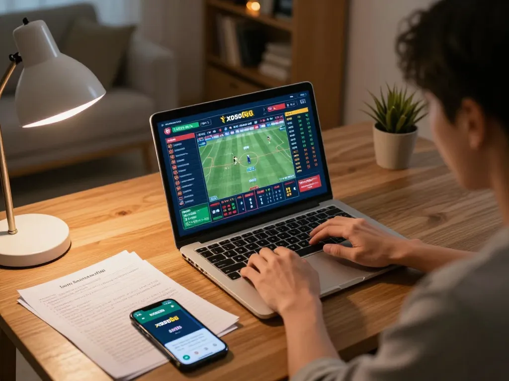 Engaged user leveraging xoso66 for live betting on sports, showcasing responsible gambling.