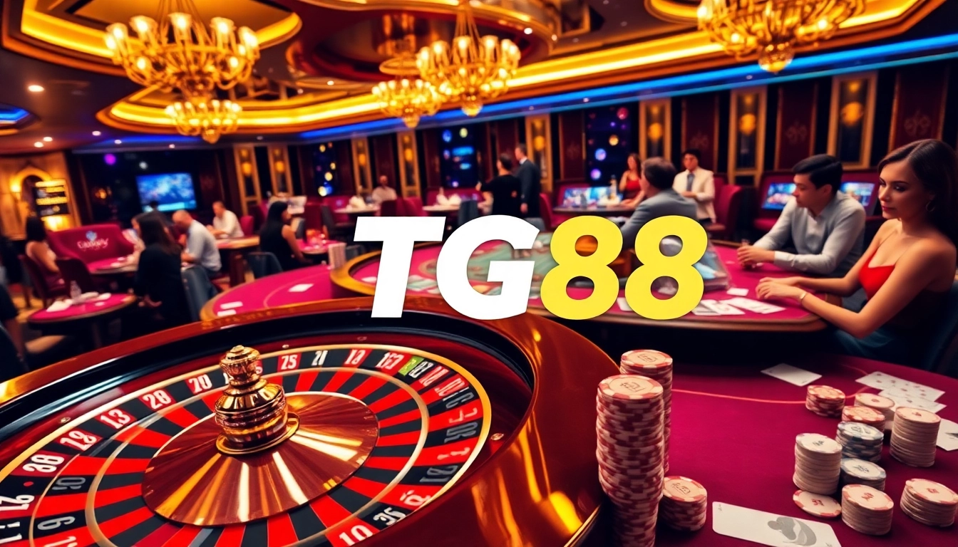 Exciting red and gold casino scene highlighting TG88 with roulette wheel and poker chips.