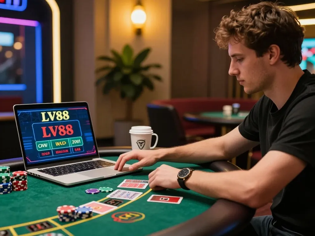 Player engaging in live dealer blackjack at LV88 online casino, showcasing gaming excitement and strategy.