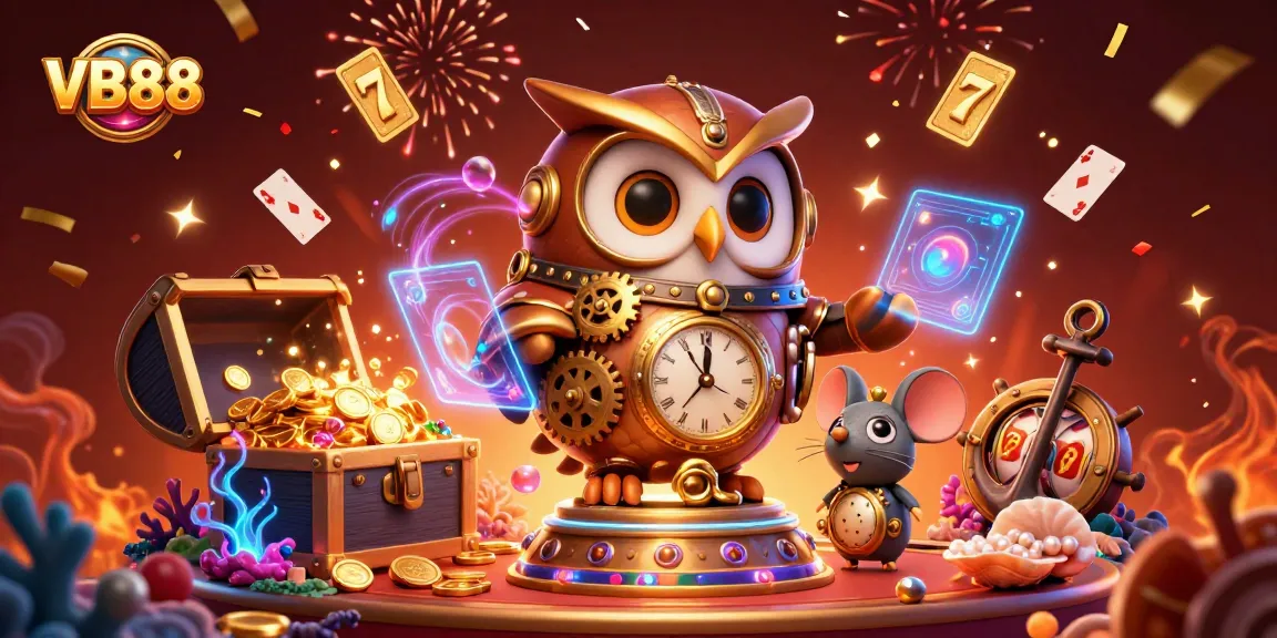 Engage with VB88's lively illustration, featuring dynamic casino elements and a vibrant steampunk theme.