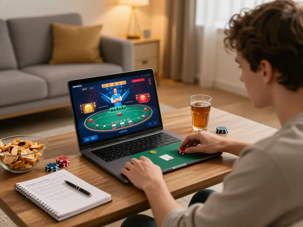 Gambling strategies come to life on https://11win.nl/ in a cozy home gaming setup.