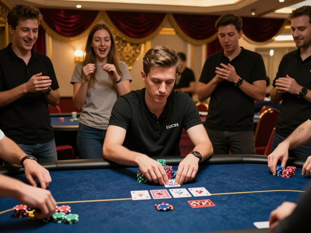Experience the excitement at LUCK8 casino with players focused on poker action and vibrant atmosphere.