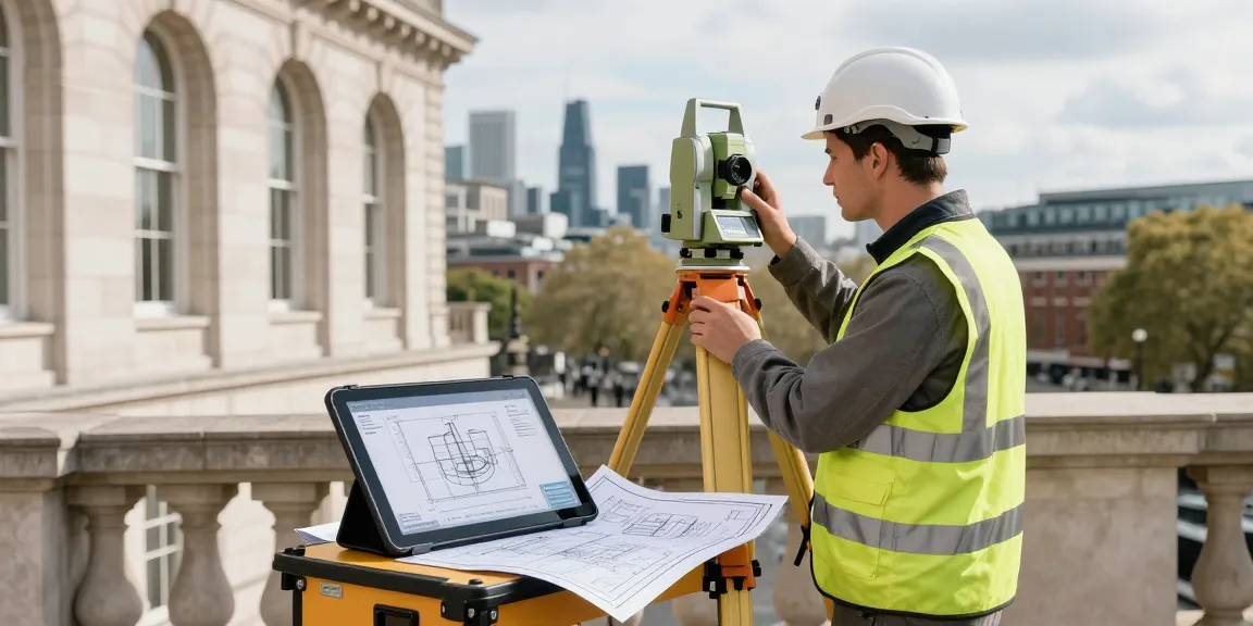 Measured Building Surveyors London capturing accurate urban building details with advanced surveying equipment