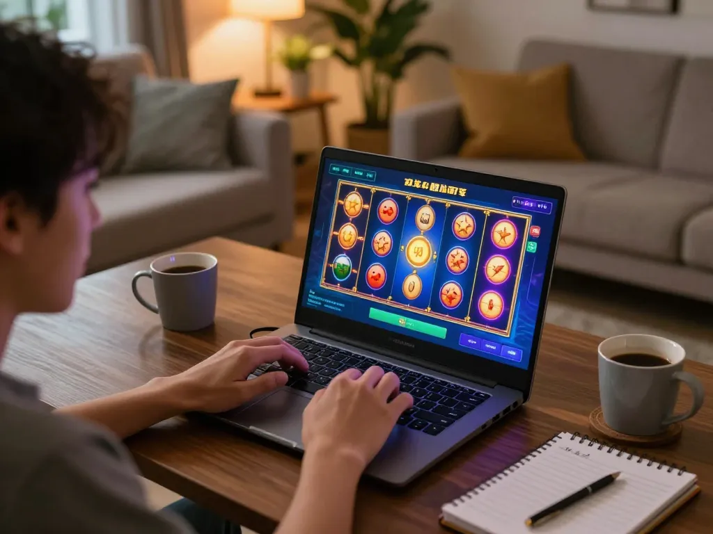 Pemain menikmati permainan raja slot yang mendebarkan di laptop di rumah dengan catatan strategi