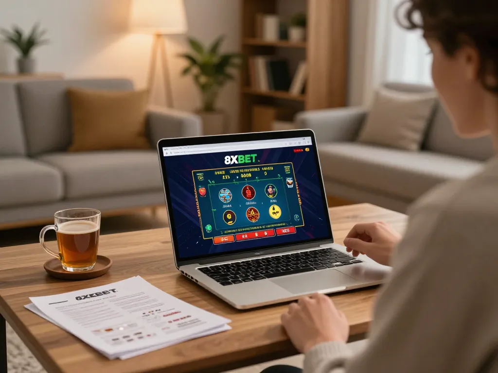 Player enjoying an exciting game on 8XBET's platform at home, showcasing a responsible gambling atmosphere.