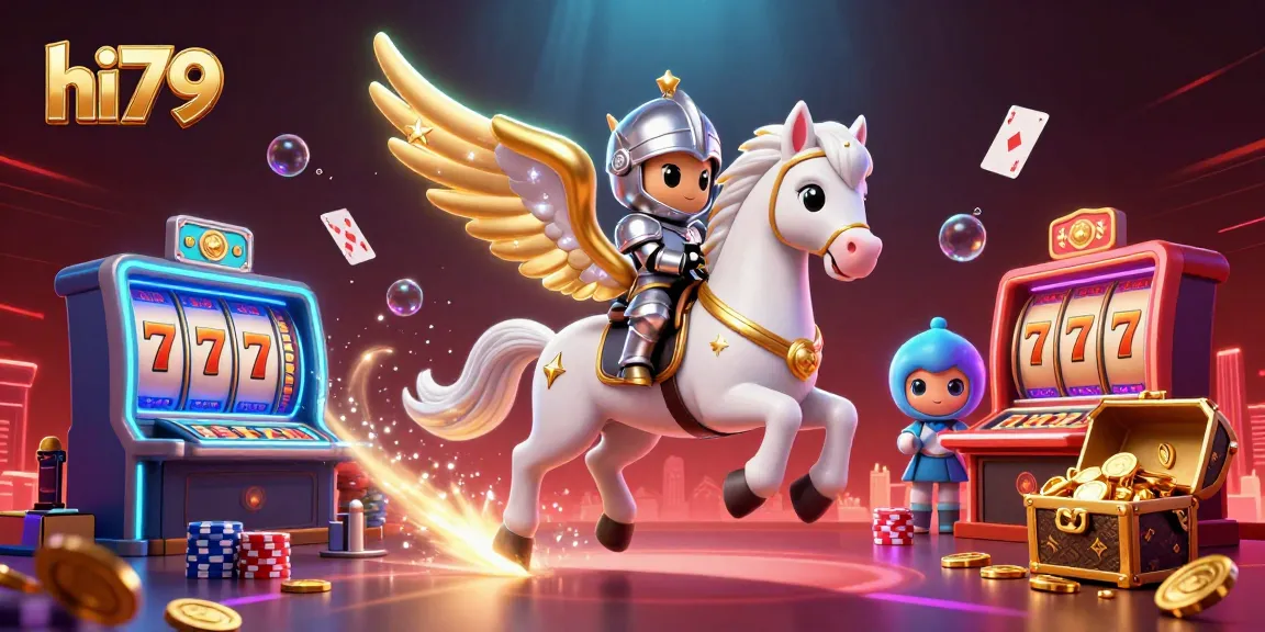 Experience the thrill of hi79 with a vibrant casino scene featuring a celestial white horse and gaming elements.
