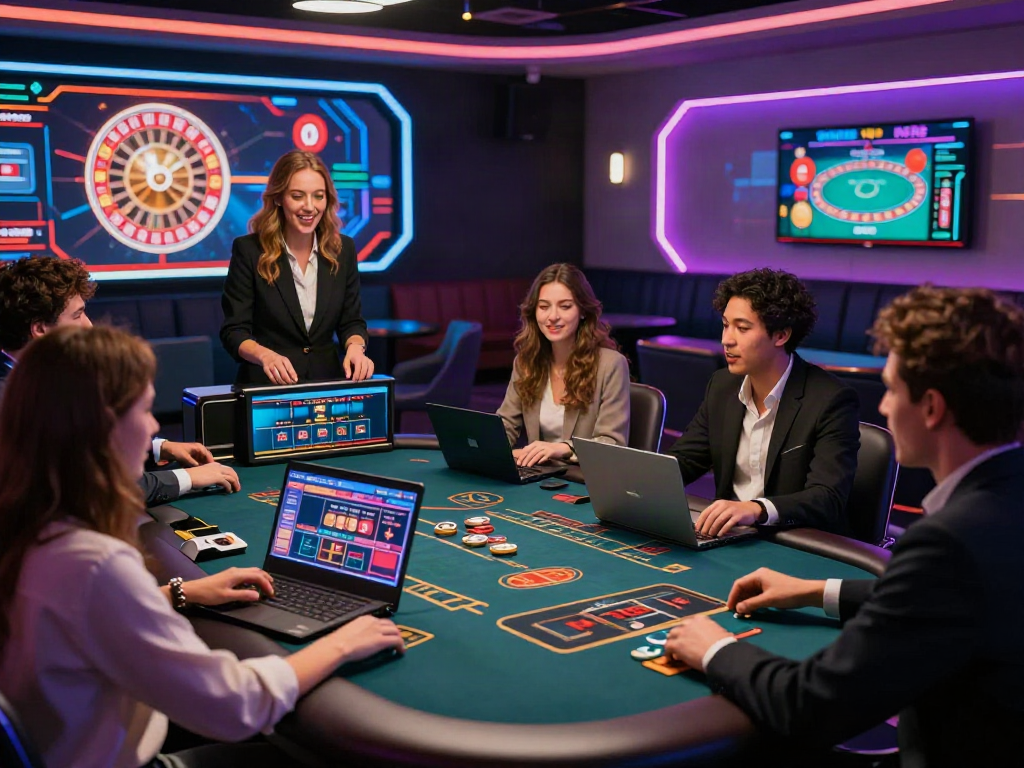 Friends playing non UK casino live dealer games in a vibrant lounge atmosphere.