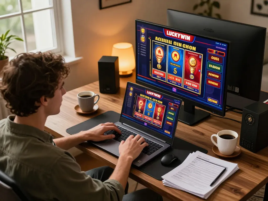 Engaging online gaming experience on LUCKYWIN COM featuring poker and slots in a cozy home setup.